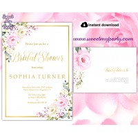 Cream pink roses Bridal Shower invitation printable template, (135)